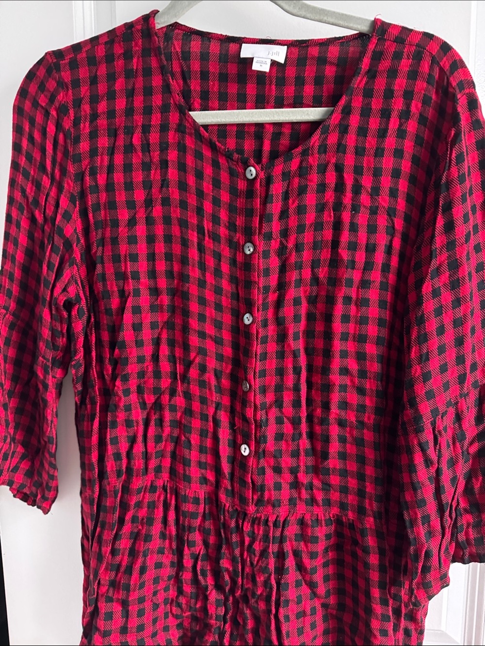 J. Jill Red and Black Check Button-Front Tunic